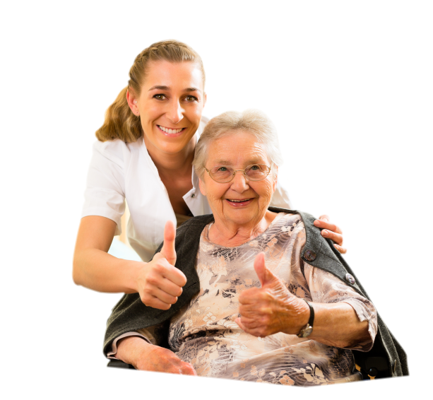 caregiver and female senior showing thumbs up
