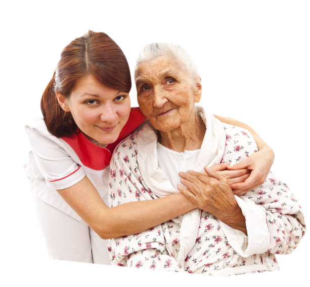 caregiver hugs female senior